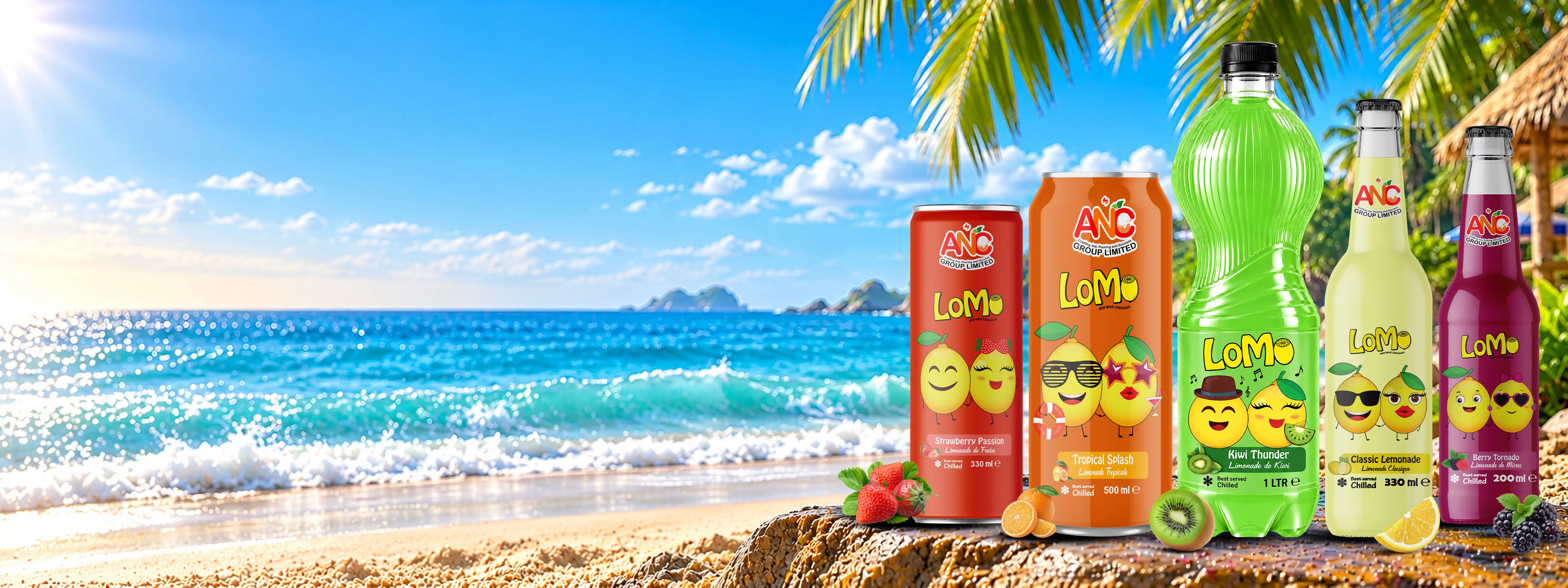 LoMo drink range in cans, PET and glass bottles displayed on a tropical beach with fresh fruit and ocean background.